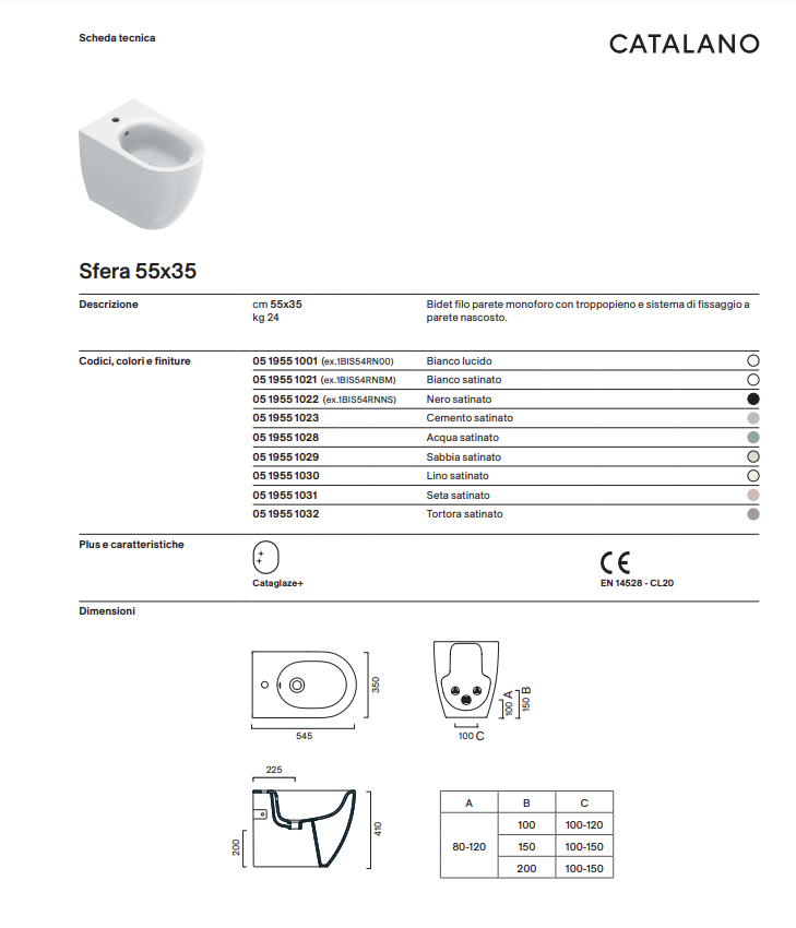 BIDET FILO MURO 55 X 35 MONOFORO BIANCO LUCIDO SFERA - CATALANO - immagine 2